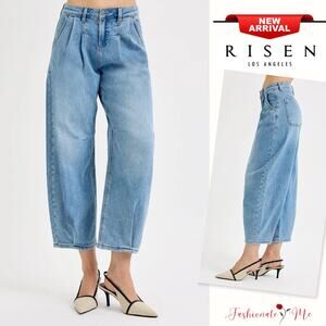 RISEN Mid Rise Waist Front Pleat Detail Medium Wash Volume Wide Leg Denim Jeans
